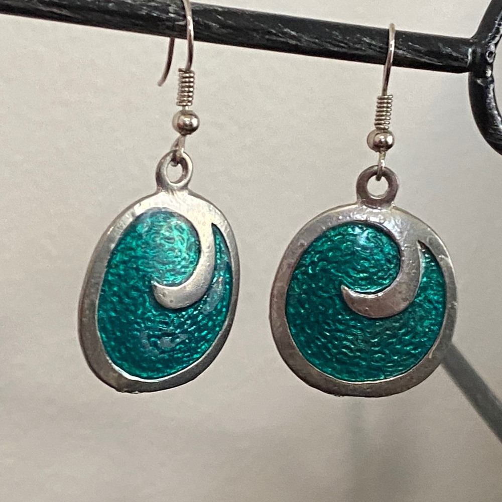 Teal Enamel Wave Swirl Dangle Earrings Silver Tone Boho Summer Beach Coastal - Picture 10 of 12